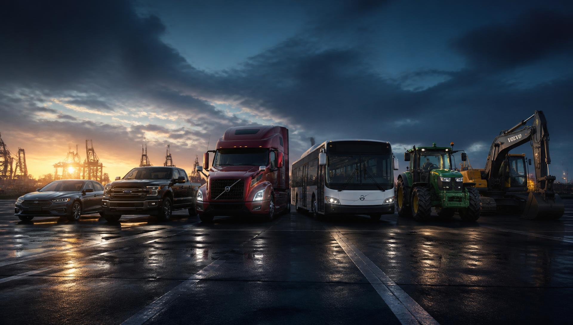 Fleet of vehicles including passenger car, pickup truck, semi truck, bus, tractor and excavator